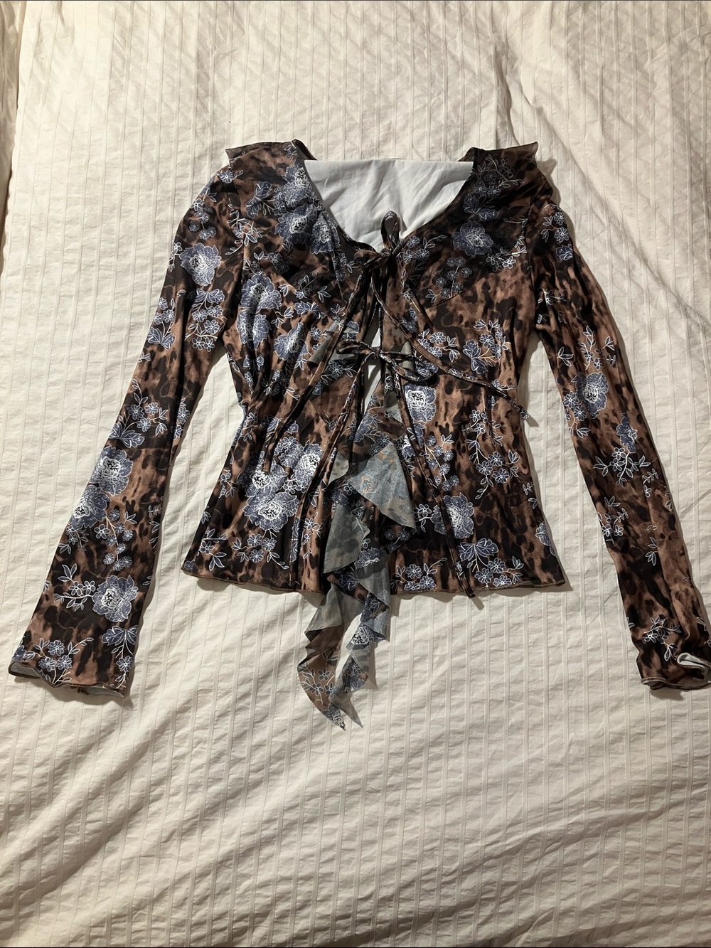 SHEIN Brown and Black Floral Tie-Front Long Sleeve Top with ruffle collar size M